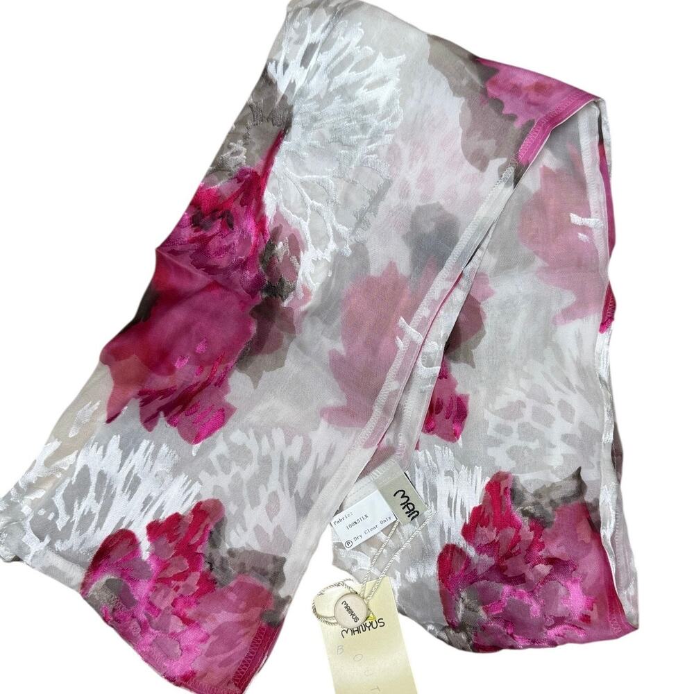 NWT Manyus Boutique 100% Silk Floral Rose Print Rectangle Scarf 56” White Pink